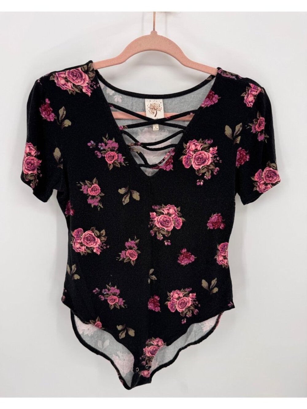 Self Esteem Womens Floral Black Bodysuit With Crisscross Front Detail Size XL